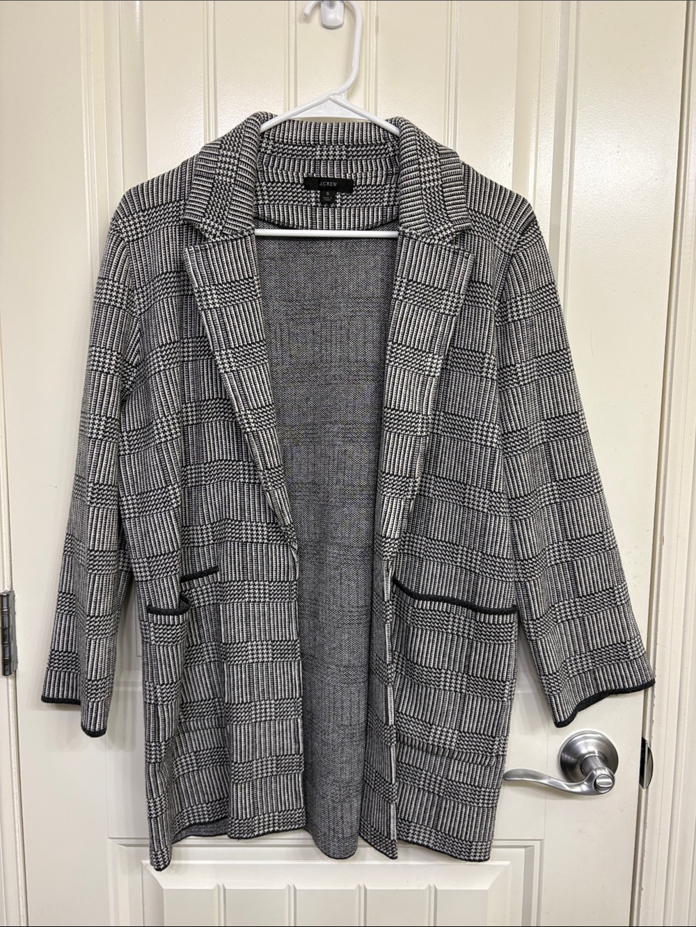 J. Crew Black & White Plaid Open-Front Blazer Merino Wool Blend